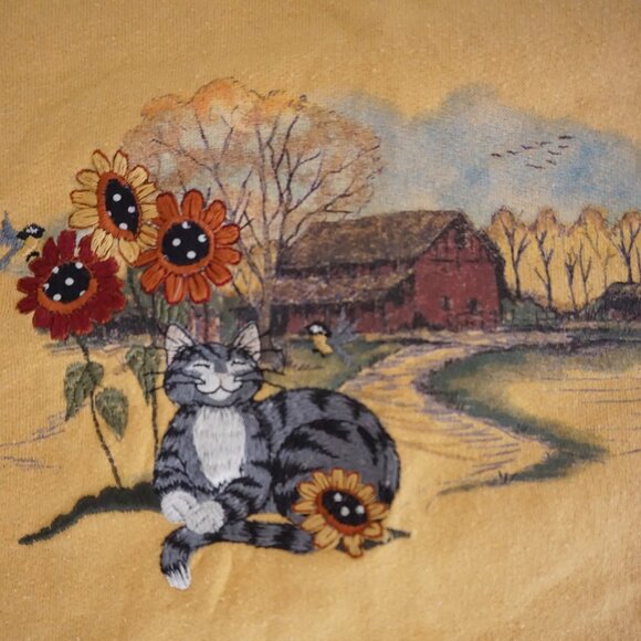 Vintage Day Breeze Yellow Countryside Graphic Cat Flowers Sweatshirt Cabin 2X - Picture 6 of 10